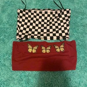Both are XS tube tops. Ones checkered and the other red with butterflies.